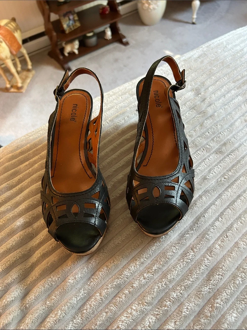 Miz Mooz Black Laser-Cut Slingback Cork Wedges